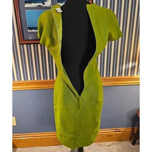 Liz Claiborne Green Linen Dress Size 6 Short Sleeve Pleated Design W Back Zipper - Picture 5 of 7